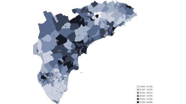 Mapa de la renta neta por hogar de 2019 a 2021.