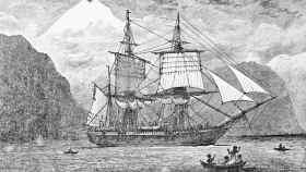 El Beagle, a su paso por el Estrecho de Magallanes. Ilustración de R. T. Pritchett