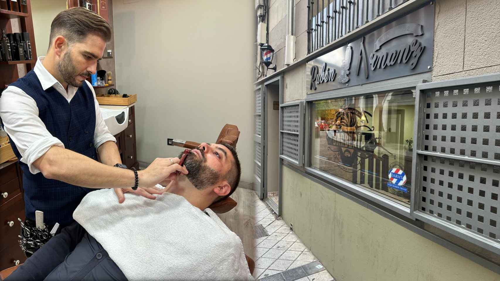 Rubén Arnanz trabajando y la fachada de su barbería, en pleno centro de Valladolid