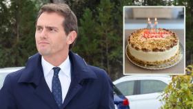 El expolítico Albert Rivera en un montaje de EL ESPAÑOL junto a su tarta de cumpleaños.