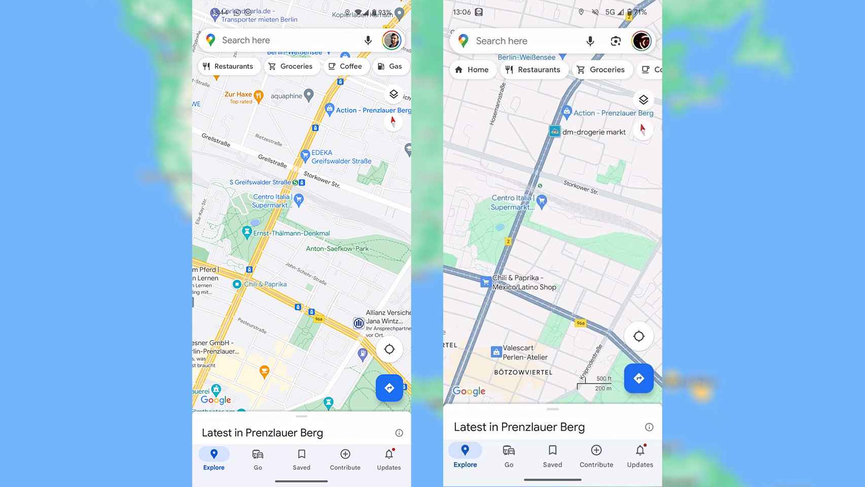 El esquema de color actual de Google Maps y en la derecha el nuevo utilizado