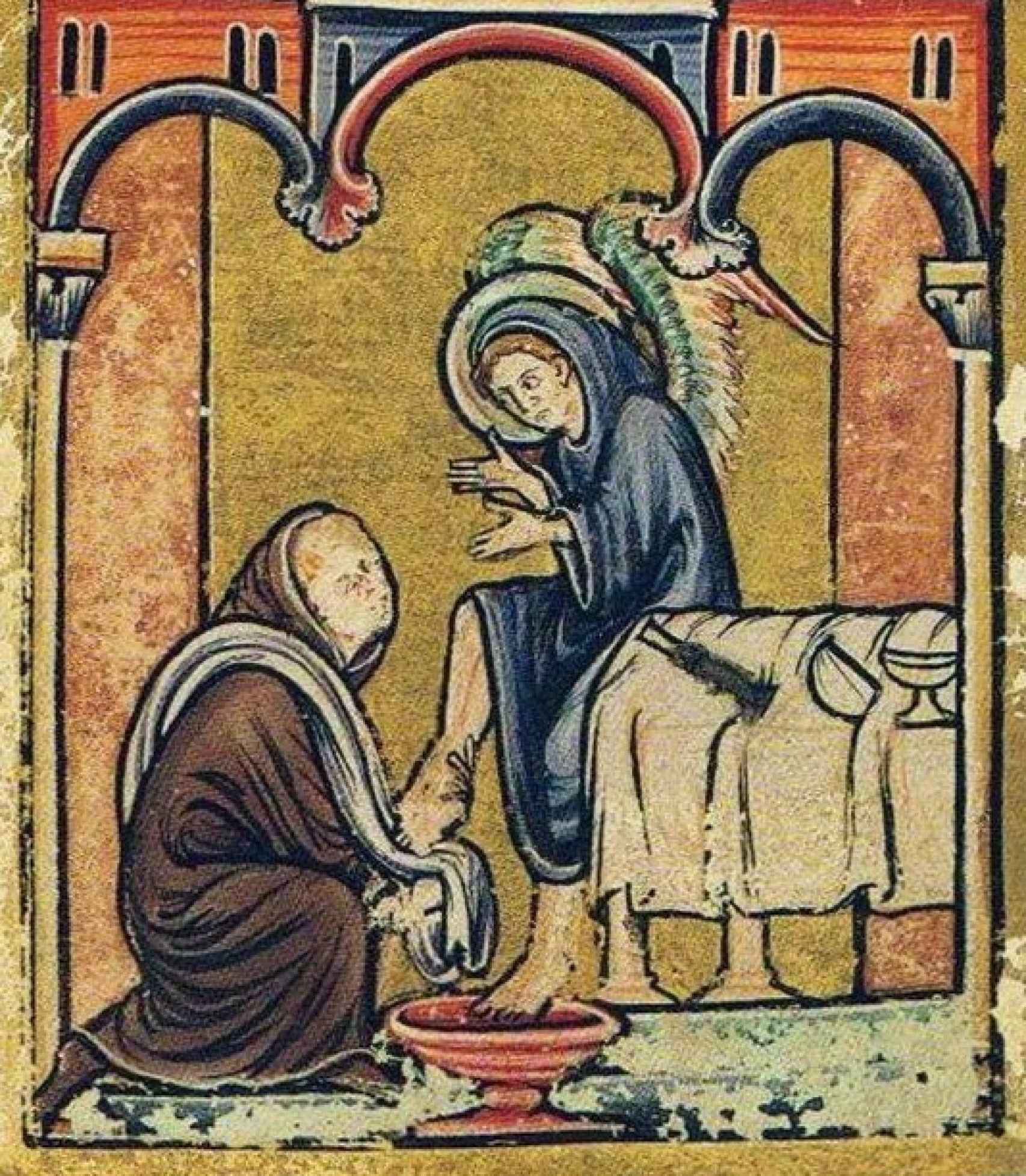 Miniatura del siglo XII que representa el monje Cuthbert lavando los pies a un ángel en un lebrillo con pie.