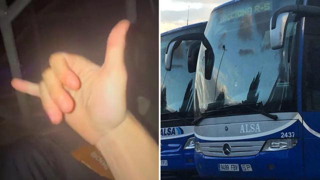 Captura del vídeo viral y una imagen de autobuses Alsa.