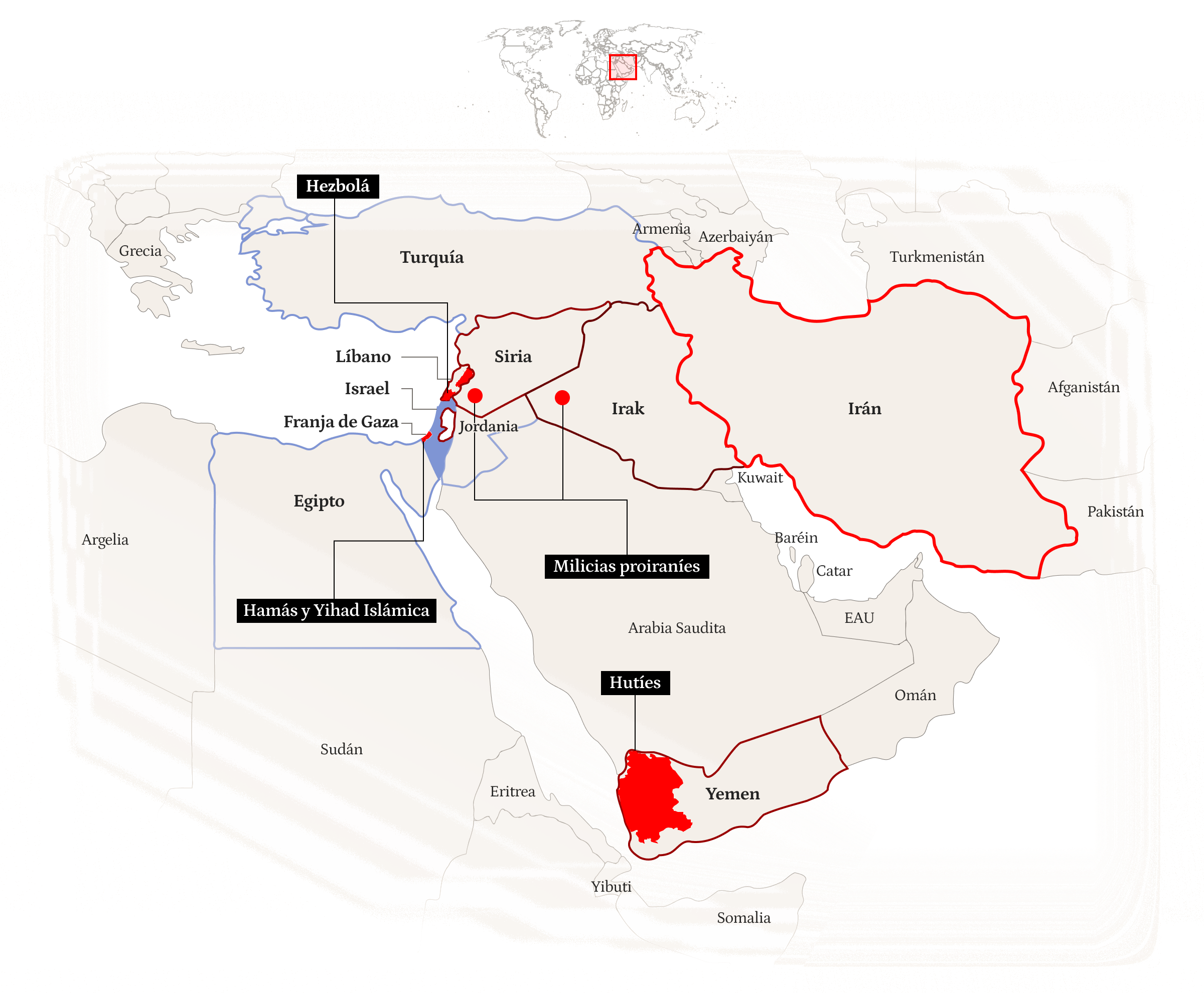 Mapa de los países aliados y enemigos de Israel y los conflictos de Oriente medio