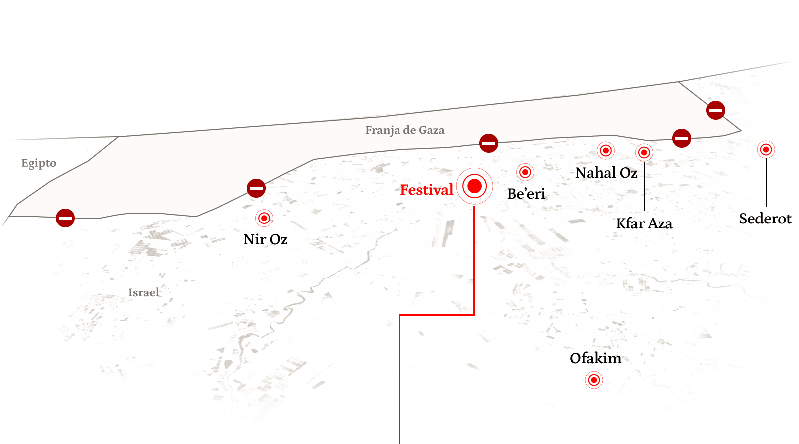 Mapa de los puntos que atacarón Hamás dentro de Israel