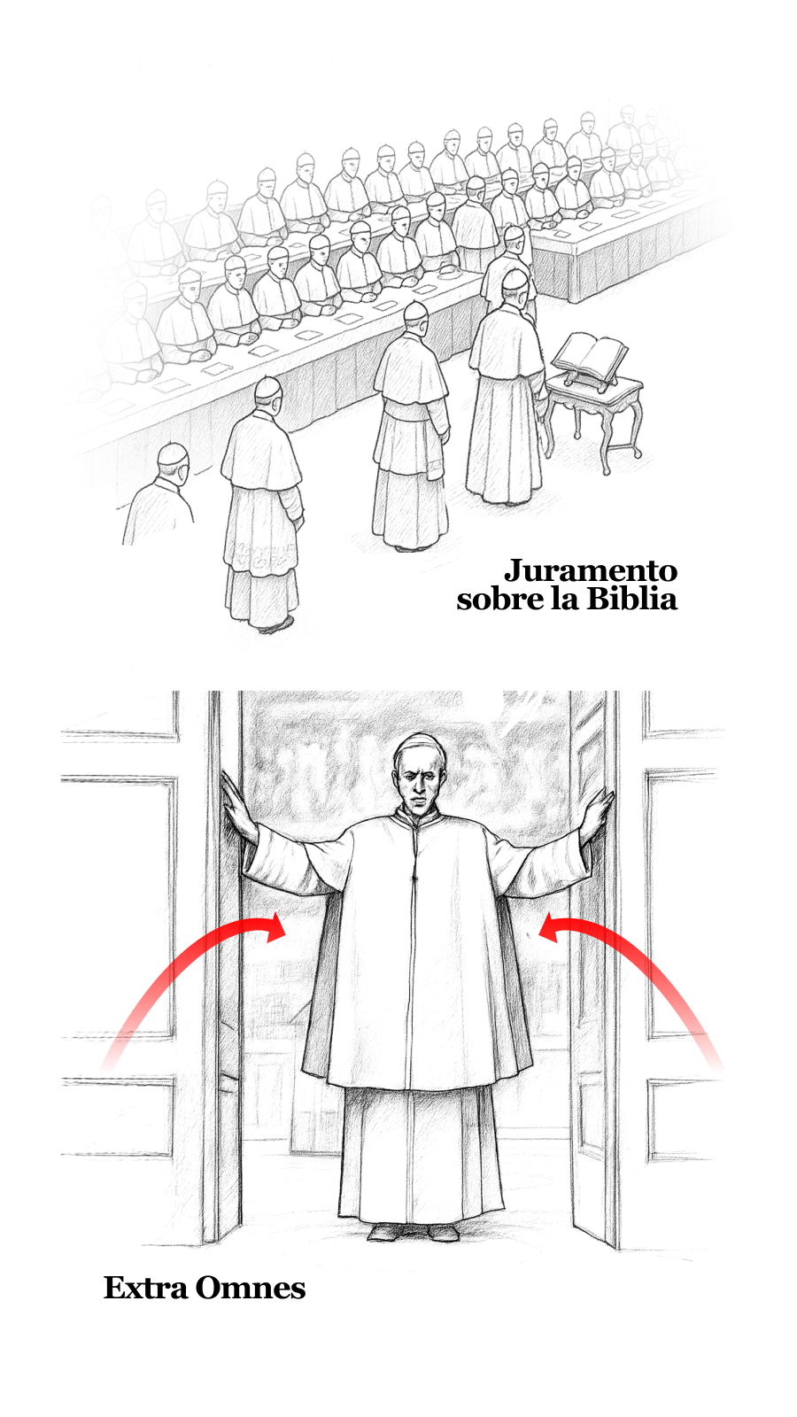 En este scroll aparece una ilustración sobre una de las partes del proceso de elección del papa, llamado Cónclave,
              donde aparece el clérigo que cierra las puertas de la Capilla Sixtina y pronuncia 'Extra Omnes'